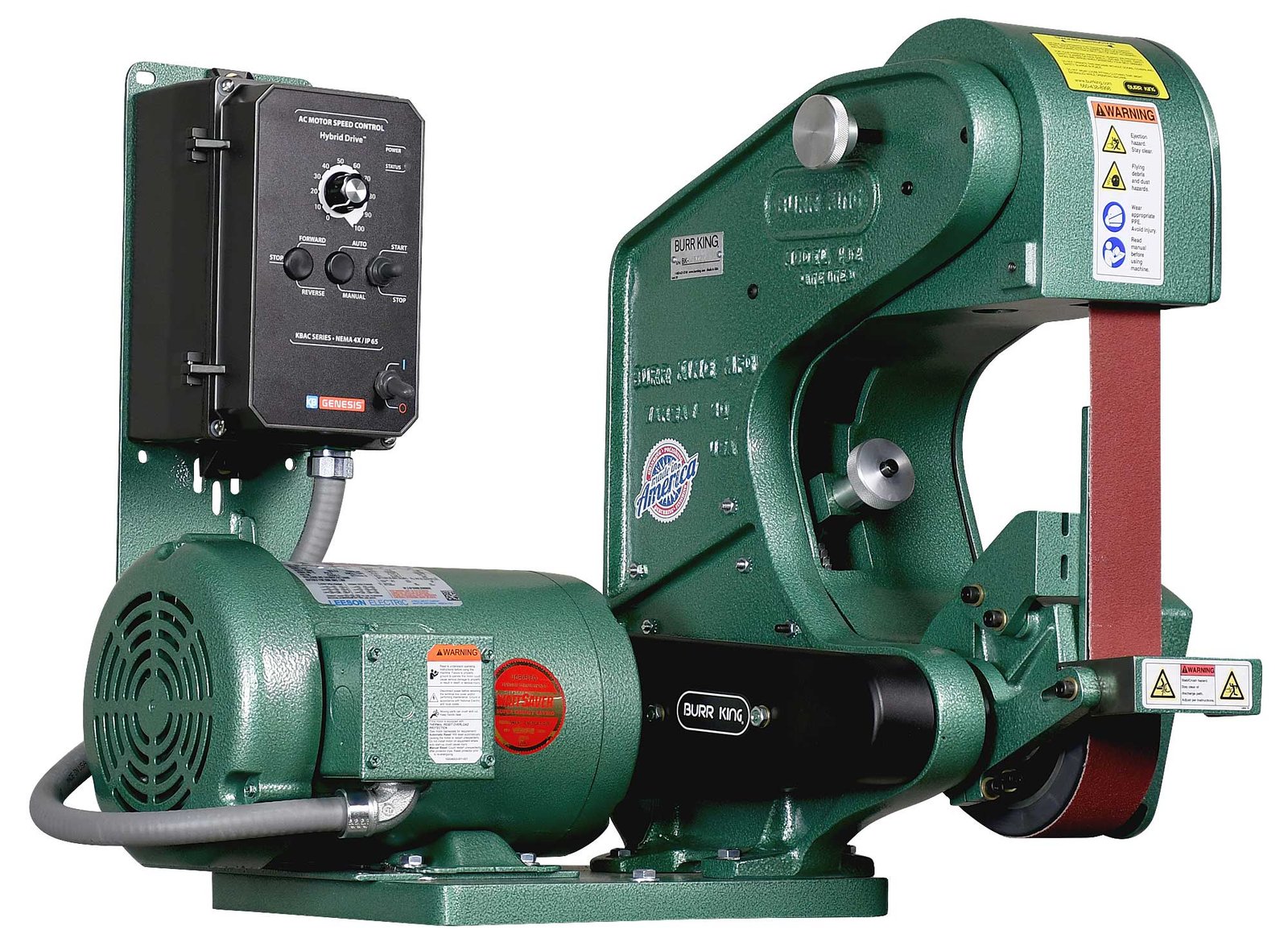 41110-w-workrest.jpg Burr King 2” x 48” Three Wheel Model 482 Variable Speed 1 HP 120V Single Phase Belt Grinder 41110