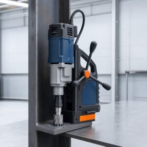 Magnetic drill mounted on a steel beam