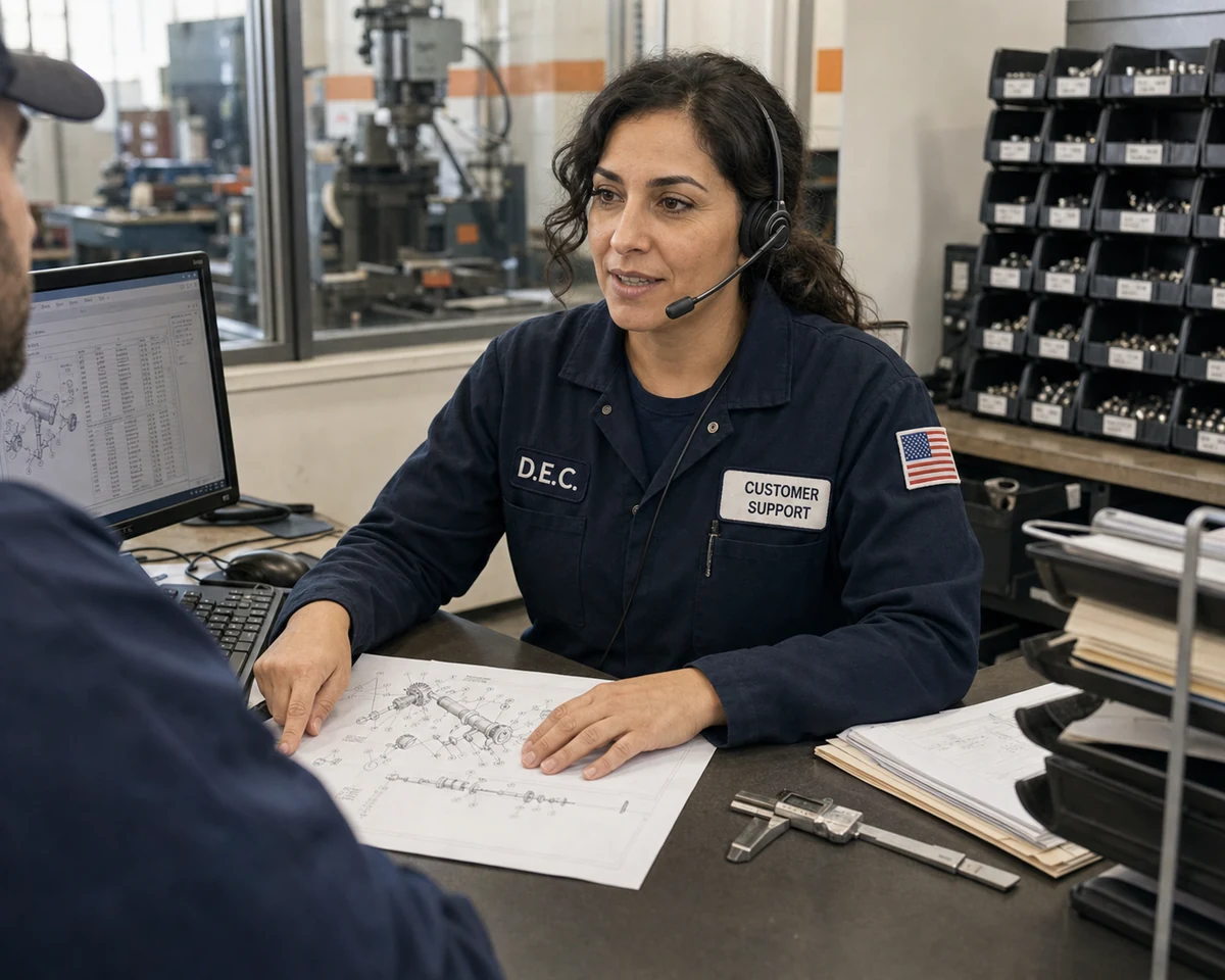 Industrial customer-support consultation at a technical service counter.