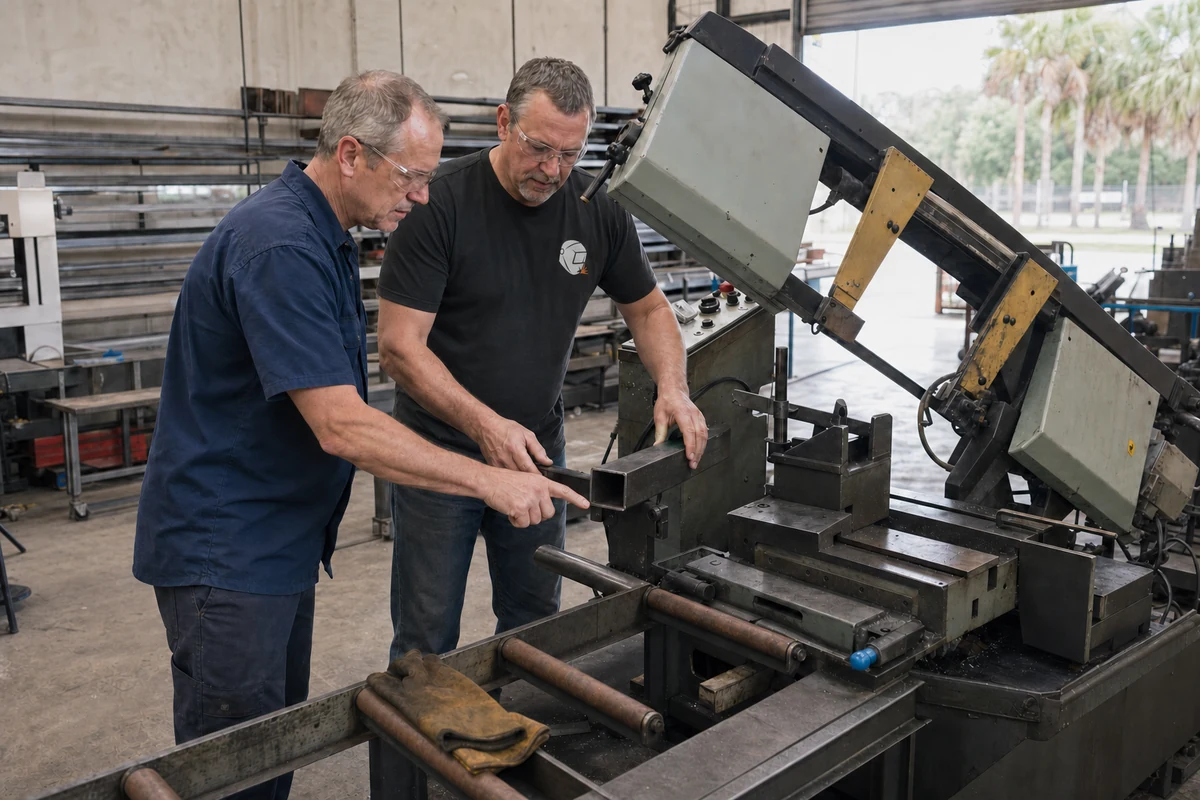 D.E.C. equipment specialists reviewing an industrial metalworking machine